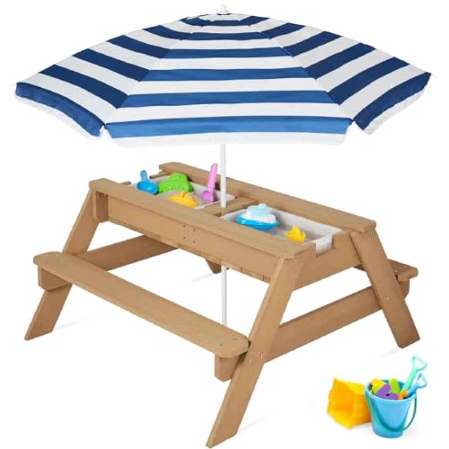 Kids Outdoor Umbrella For Table - Outdoor-Kinder-Picknicktisch mit Sonnenschirm, 3-in-1-Sand- und Wassertisch,