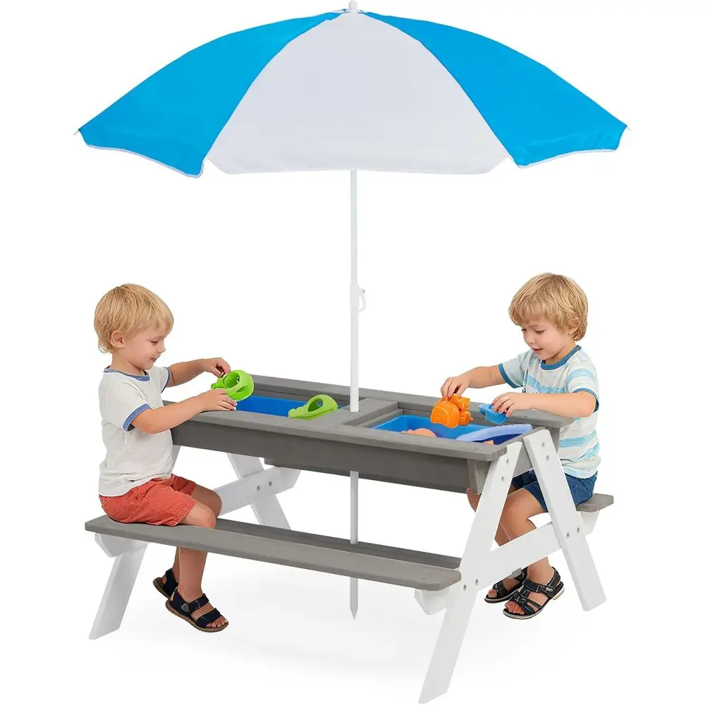 Kids Outdoor Umbrella For Table - Konvertierbarer 3-in-1 Holz-Picknicktisch für Kinder, Outdoor-Sand-