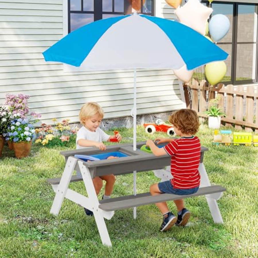 Kids Outdoor Umbrella For Table - Outdoor-Picknicktisch für Kinder: 3-in-1 Holztisch für